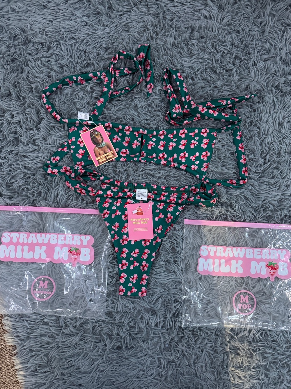 Strawberry Milk Mob Green Bikini Set with Pink Strawberry Print